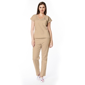 Uniforma medicala DOLL stretch (cu elastan) cu bluza cambrata si pantalon pentru femei-Bej