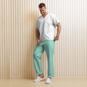 Uniformă medicală KULT bărbați– Bluza alba & pantaloni aqua din material poplin
