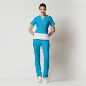 Uniformă Medicală Kult Stretch cu Inserție Orizontală Albă și Pantalon Clasic-Turqoise