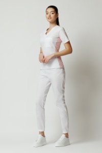 Uniformă Medicală Kult Stretch cu Inserție Verticală și Pantalon Jogger – Alb/Roz pal - Img 11