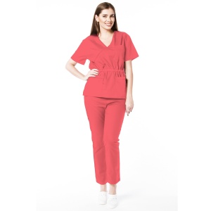 Uniforma medicala stretch (cu elastan) Coral- bluza cambrata cu snur si pantalon pentru femei Doll - Img 1