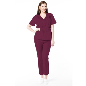 Uniforma medicala stretch (cu elastan) Visiniu - bluza cambrata cu snur si pantalon pentru femei Doll