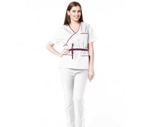 Uniforma medicala stretch DOLL (cu elastan) Alb cu contrast Visiniu, bluza cambrata cu snur si pantalon jogger pentru femei - Img 1