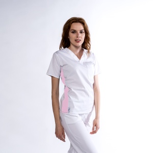 Bluza medicala KULT stretch (cu elastan) Alb cu contrast Roz pal lateral