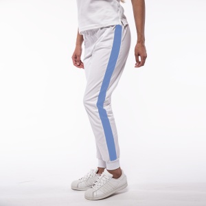 Pantalon medical ART stretch (cu elastan)Alb contrast Azur cu buzunare si mansete pentru femei