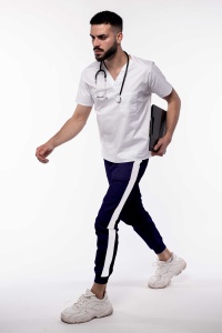 Pantalon medical ART stretch (cu elastan) cu contrast, buzunare si manseta pentru barbati-bleumarin/alb