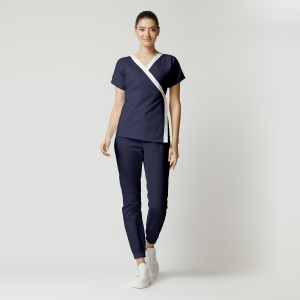 Uniformă medicală din poplin Jachetă Tara cu inserție albă și pantaloni jogger pentru femei-Bleumarin