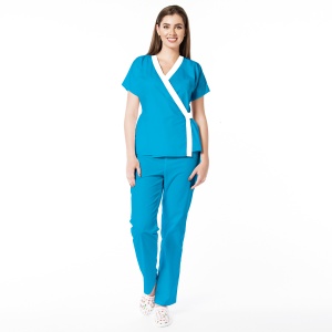 Uniformă medicală din poplin Jachetă Tara cu inserție albă și pantaloni clasici pentru femei-Turqoise