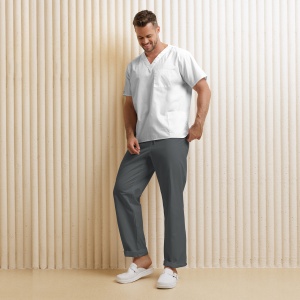 Uniformă medicală KULT bărbați– Bluza alba & pantaloni gri din material stretch