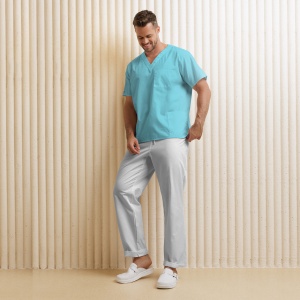 Uniformă medicală KULT bărbați– Bluza ocean & pantalon alb din material poplin