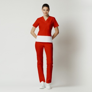 Uniformă Medicală Kult Stretch cu Inserție Orizontală Albă și Pantalon Clasic-Rosu