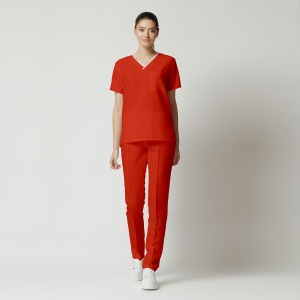 Uniformă Medicală OPTIM din Microfibra cu Inserție Albă și Pantalon Cambrat-Rosu