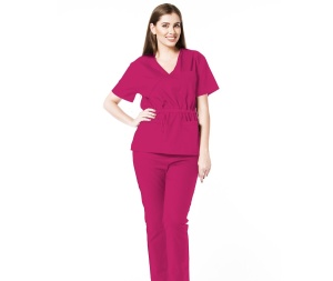 Uniforma medicala stretch DOLL (cu elastan) Magenta - bluza cambrata cu snur si pantalon jogger pentru femei - Img 1