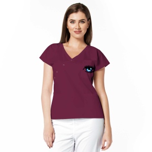 Bluza medicala DOLL cambrata din poplin cu capse pentru oftalmologi-Visiniu