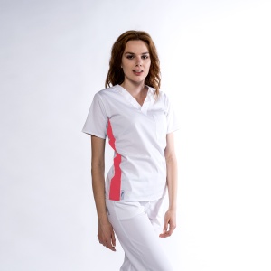 Bluza medicala KULT stretch (cu elastan) Alb cu contrast Coral lateral