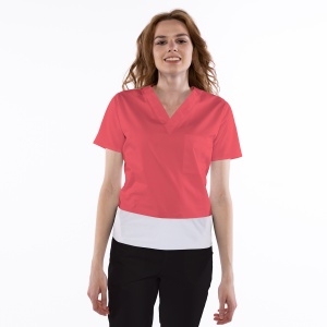 Bluza medicala stretch KULT (cu elastan) Coral cu contrast Alb pentru femei