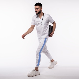 Pantalon medical ART stretch (cu elastan) cu contrast, buzunare si manseta pentru barbati-alb/azur