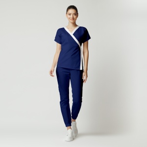 Uniformă medicală din poplin Jachetă Tara cu inserție albă și pantaloni jogger pentru femei-Albastru safir