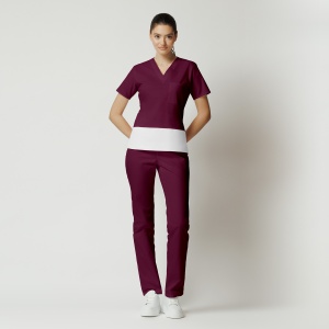 Uniformă Medicală Kult Stretch cu Inserție Orizontală Albă și Pantalon Clasic-Visiniu