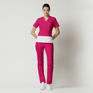 Uniformă Medicală Kult Stretch cu Inserție Orizontală Albă și Pantalon Clasic-Magenta