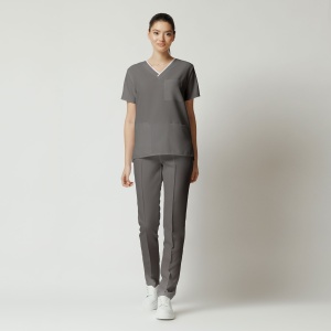 Uniformă Medicală OPTIM din Microfibră cu Inserție Albă și Pantalon Cambrat-Gri