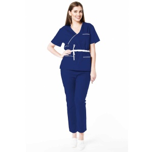 Uniforma medicala stretch DOLL (cu elastan) Albastru Safir cu contrast, bluza cambrata cu snur si pantalon pentru femei - Img 1