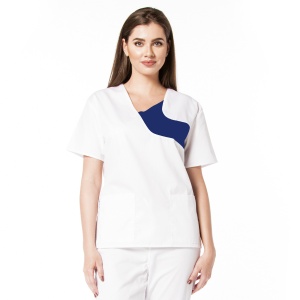 Bluza medicala CHIC din poplin pentru femei-Alb cu albastru safir - Img 1