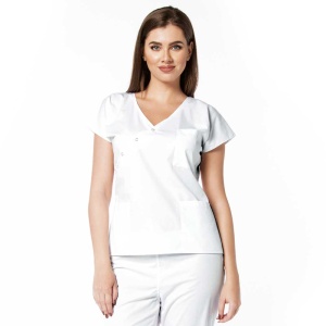 Bluza medicala DOLL cambrata cu capse din poplin-Alb