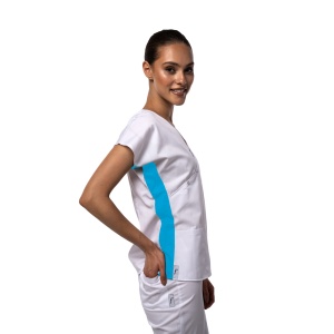Bluza medicala DOLL cambrata stretch (cu elastan) Alb cu contrast Turqoise pentru femei - Img 1