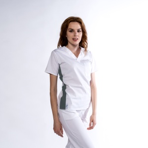 Bluza medicala KULT stretch (cu elastan) Alb cu contrast Gri metal lateral
