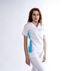 Bluza medicala KULT stretch (cu elastan) Alb cu contrast Turqoise lateral