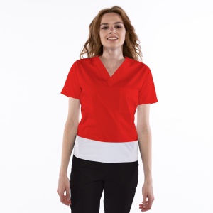 Bluza medicala stretch KULT (cu elastan) Rosu cu contrast Alb pentru femei