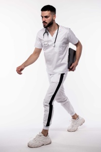 Pantalon medical ART stretch (cu elastan) cu contrast, buzunare si manseta pentru barbati-alb/negru