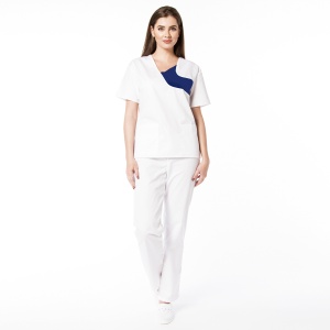 Uniformă Medicală Chic din Poplin cu pantalon clasic-Alb cu albastru safir