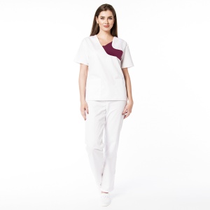 Uniformă Medicală Chic din Poplin cu pantalon clasic-Alb cu visiniu