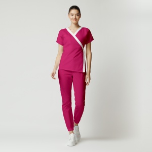 Uniformă medicală din poplin Jachetă Tara cu inserție albă și pantaloni jogger pentru femei-Magenta