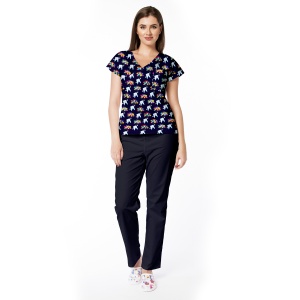 Uniformă medicală Doll cu imprimeu Denta și pantaloni clasici pentru femei