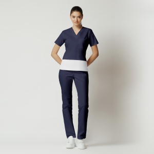 Uniformă Medicală Kult Stretch cu Inserție Orizontală Albă și Pantalon Clasic-Bleumarin