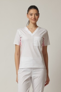 Uniformă Medicală Kult Stretch cu Inserție Verticală și Pantalon Jogger – Alb/Roz pal - Img 2