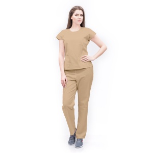 Uniforma medicala stretch (cu elastan) cu bluza cambrata si pantalon pentru femei SPRINT-Bej
