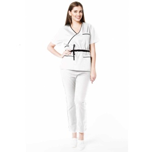 Uniforma medicala stretch DOLL (cu elastan) Alb cu contrast Negru, bluza cambrata cu snur si pantalon pentru femei - Img 1