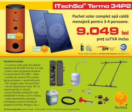 Pachet solar (kit) complet apa calda menajera pentru 3-4 persoane, 200 litri (ITechSol® Termo 34P2)