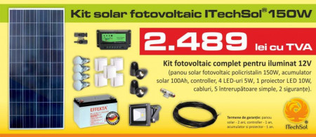 Kit (sistem) solar fotovoltaic ITechSol® 150W pentru iluminat 12V