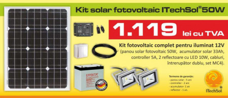 Kit (sistem) solar fotovoltaic ITechSol® 50W pentru iluminat 12V ITS1