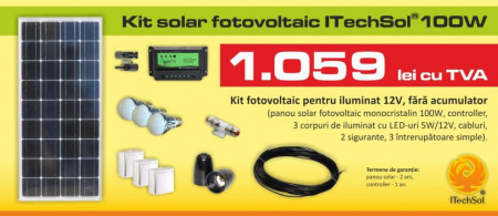 Kit (sistem) solar fotovoltaic ITechSol® 100W pentru iluminat 12V (fara acumulator)
