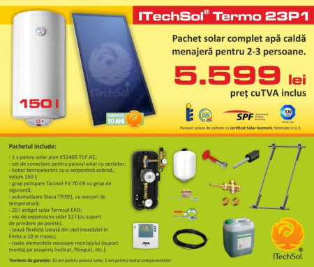Pachet solar (kit) complet pentru apa calda menajera pentru 2-3 persoane, 150 litri (ITechSol® Termo 23P1)