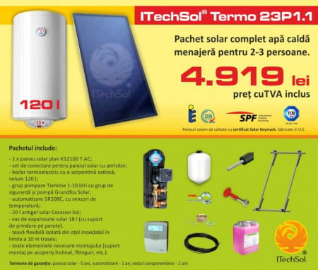 Pachet solar (kit) complet pentru apa calda menajera pentru 2-3 persoane, 120 litri (ITechSol® Termo 23P1.1)