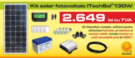 Kit (sistem) solar fotovoltaic ITechSol® 150W pentru iluminat 12V si invertor pentru alimentare TV si receiver satelit