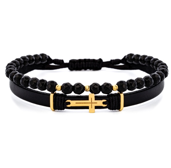 Set 2 brățări Faith cu onix + piele naturala, cruciulita si 3 bile de 2.5mm din aur 14k