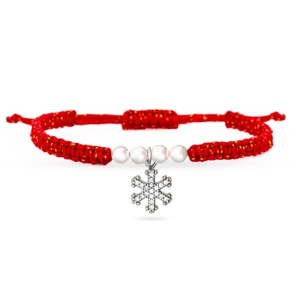 Bratara cu snur si pandantiv din argint fulg de Nea - Winter Edition cu perle Preciosa